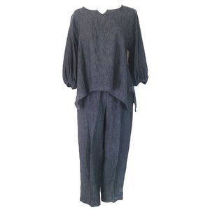 KIYO Chambray Linen 2 PC Tunic Top Shirt Pants Denim Blue Boho Suit BNWT Size XS